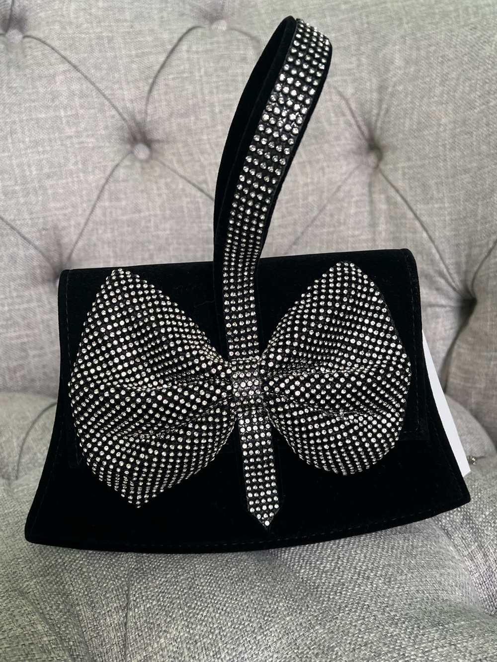 Black Velvet Wristlet Clutch with Sparkling Bow Accent